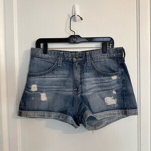 Distressed Mid-Rise Dark Denim Shorts